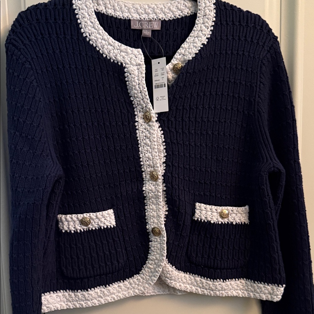 J. Crew Navy and White Textured Cardigan